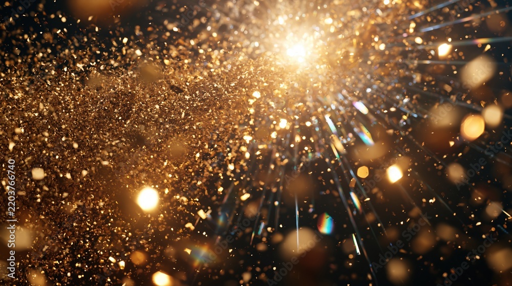 Obraz premium golden glitter particles shining bright on dark background