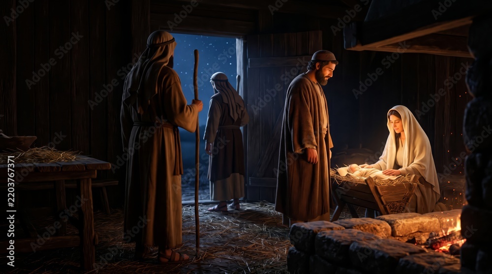Obraz premium Nativity Scene of Jesus Christ Birth with Mary and Joseph in Stable with Shepherds Arriving
