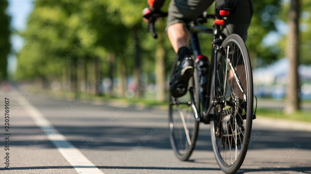 Obraz premium cyclist riding road bike along tree-lined street