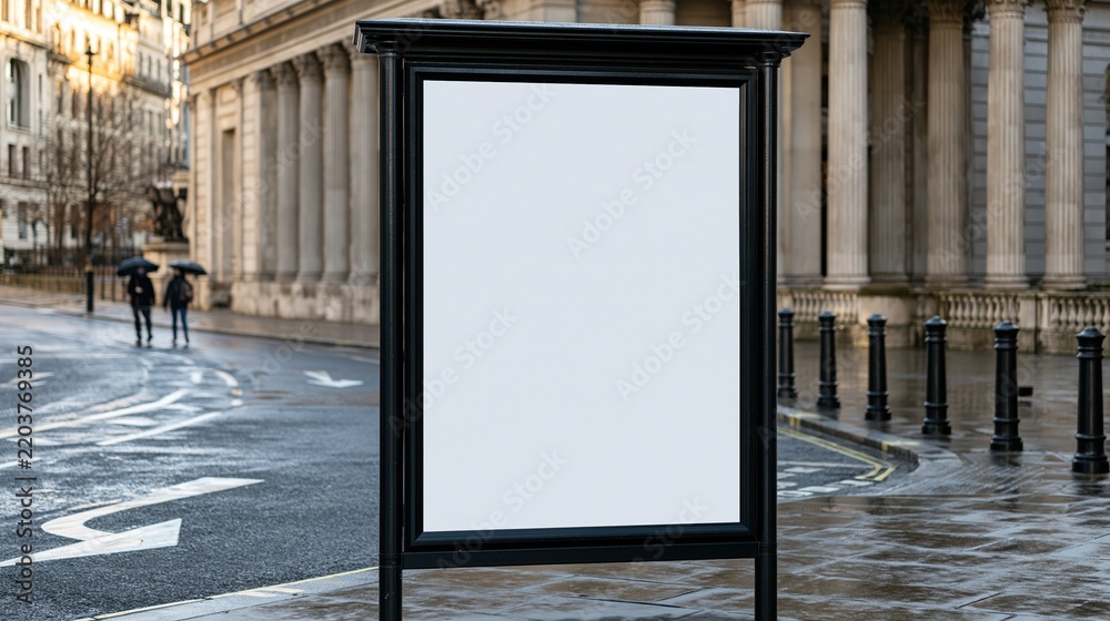 Obraz premium Empty black advertising sign stand on wet city