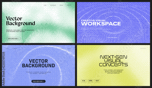 Abstract pixel art background set with modern pixelated dithering noise effects. These vibrant graphic backdrops feature contemporary display aesthetics. Vector illustration.
