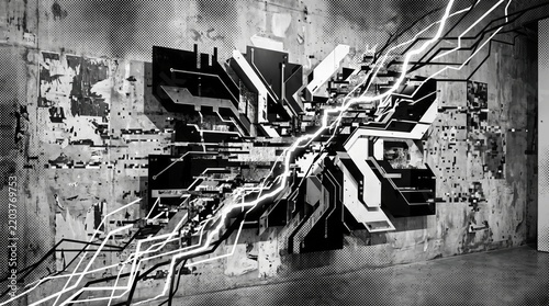 Abstract graffiti art on a concrete wall featuring complex geometric patterns, glitch effects, and glowing white lines