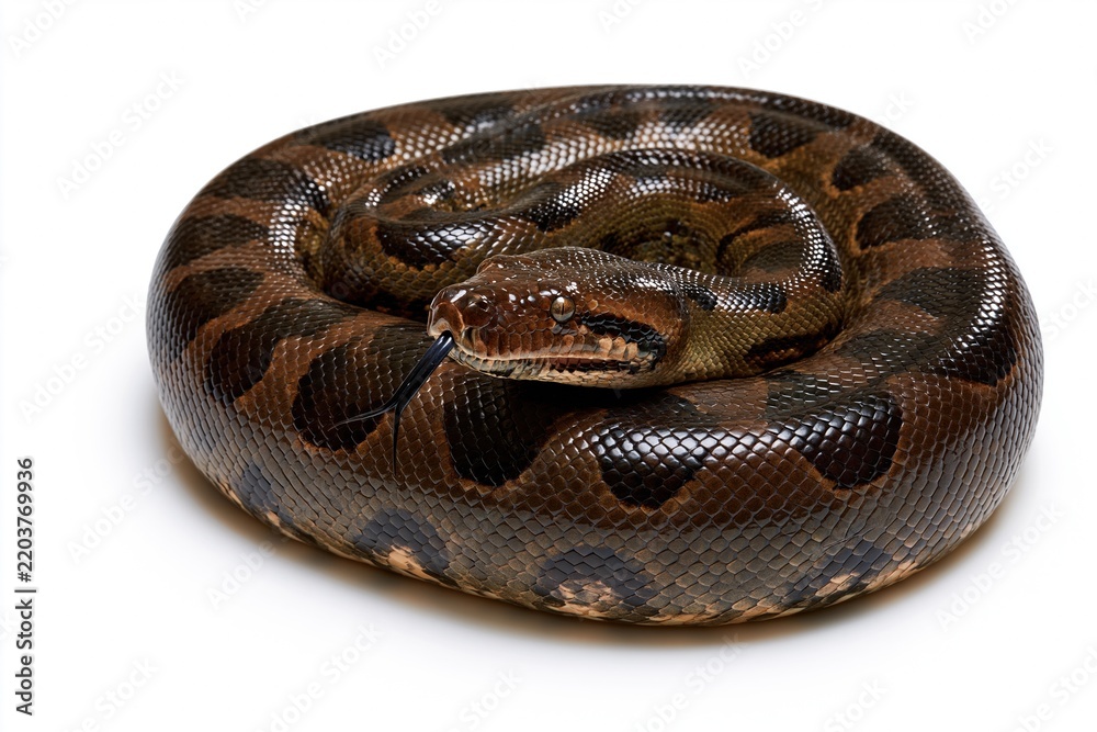 Obraz premium Coiled brown and black python on white background