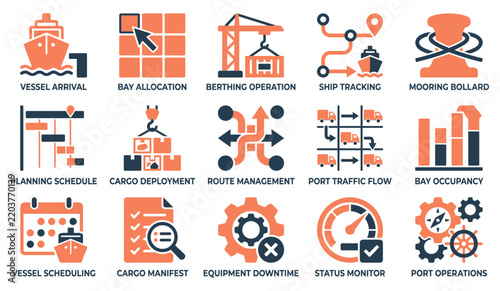 Foto Set of flat vector icons for port operations logistics shipping vessel tracking