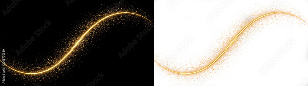 Obraz premium Golden glitter wave trail on black and white background, sparkling gold dust particles in curved motion, elegant metallic shimmer line for luxury branding