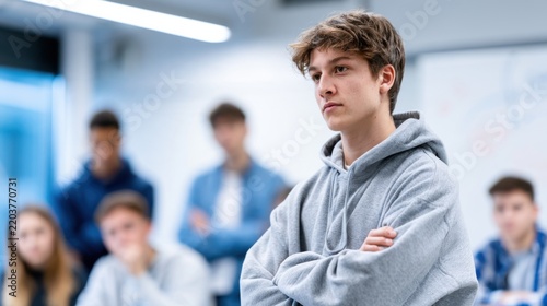 A young man wearing a gray hoodie, standing with his arms crossed, looking off to the side with a serious expression. He is in a classroom setting with other students in the background