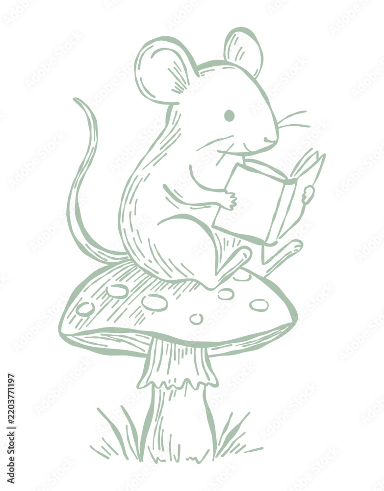 Obraz premium Cute mouse reading on mushroom. Hand drawn outline illustration. Great vector art.