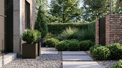 Modern garden path with gravel stepping stones and