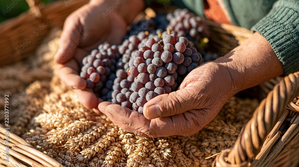 Obraz premium Farmer hands holding grapes and wheat in basket