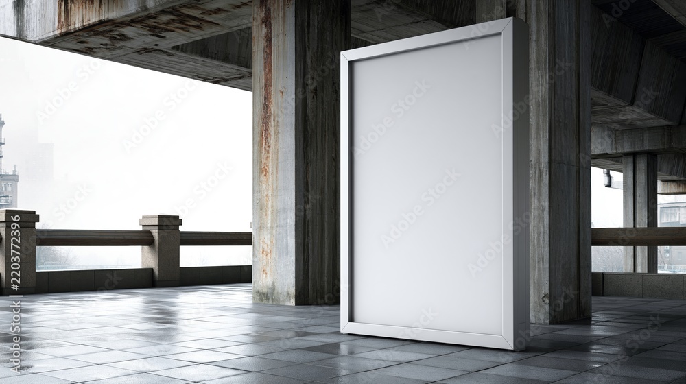 Fototapeta premium blank white poster frame standing on concrete floor