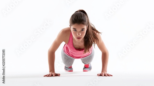 Young Woman Performing Push-Up Exercise in Gym.