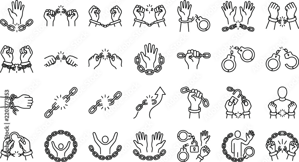 Fototapeta premium Broken Handcuffs Chains Freedom Release and Human Rights Equality Symbol Outline Icons Vector SetBroken Handcuffs Chains Freedom Release and Human Rights Equality Symbol Outline Icons Vector Set