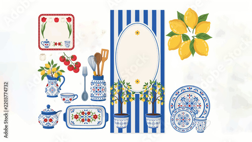 Assortment of mediterranean style kitchenware with fruit and floral motifs