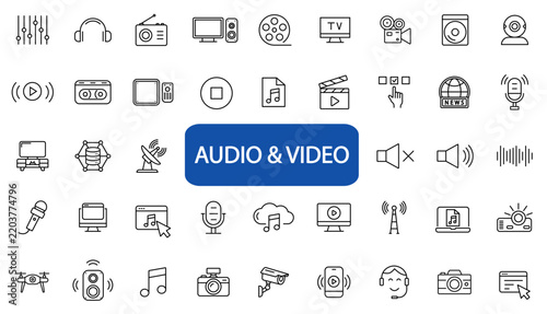 Audio and Video web line icons. Cinema, play button, voice, radio, music. Vector illustration