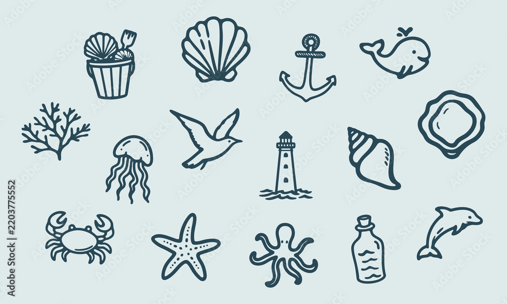 Fototapeta premium Marine Life And Nautical Elements Hand Drawn Doodle Icon Set. Sea Creatures And Ocean Symbols Sketch Symbol Collection. Nautical Design And Coastal Tourism. Isolated Vector Illustration