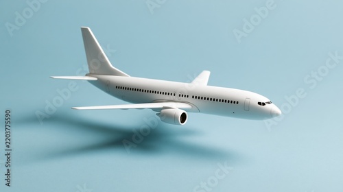 White passenger airplane model on light blue background