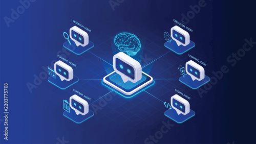Ai bots connected in a network with a central brain icon, artificial intelligence