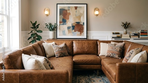 Cozy Living Room Interior with Large Brown Leather Sectional Sofa and Abstract Wall Art living room, interior design, sofa, sectional sofa, leather sofa, brown sofa