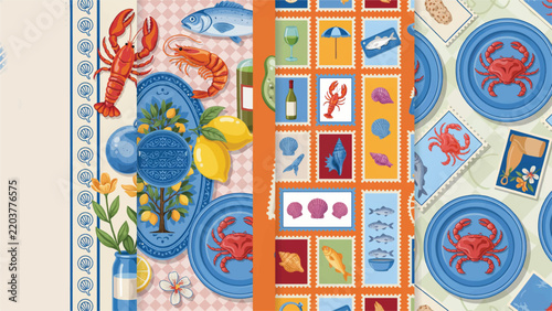 Seafood pattern with lobster lemons blue plates blue plate food and drink shellfish