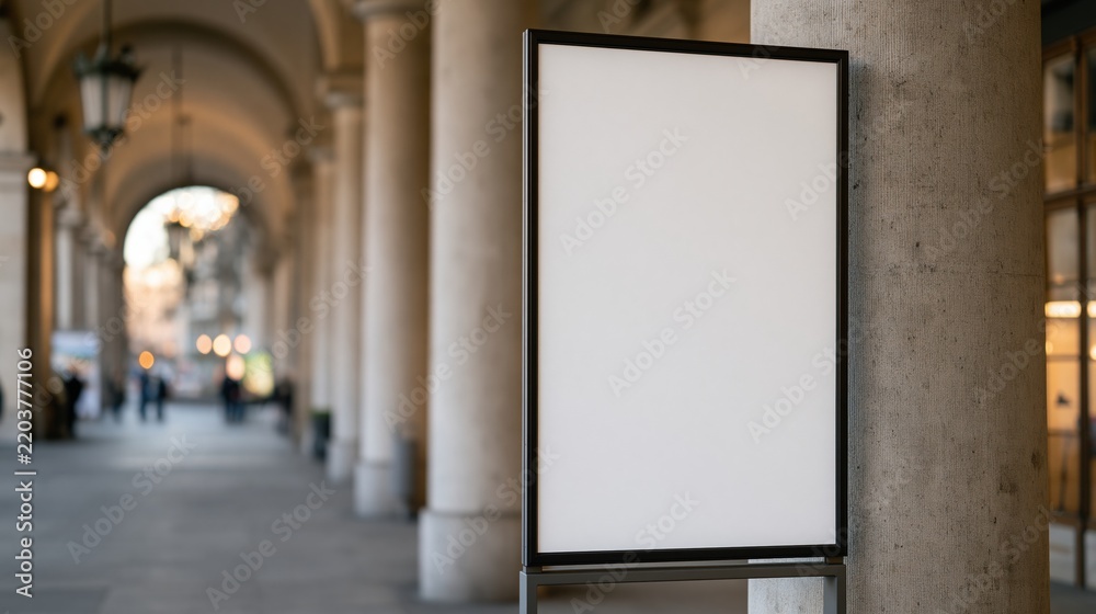 Obraz premium Empty blank signboard standing on city street sidewalk