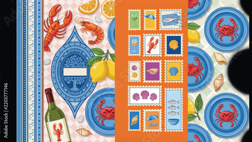 Seafood theme with lobsters crabs lemons stamps on patterned plates