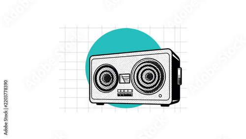 Retro Black and White Audio Radio Boombox Vector Illustration. Linear Graphic Speaker and Tape Deck Subwoofer Outline on Abstract Teal Grid Circle Backdrop. Music Icon Asset.