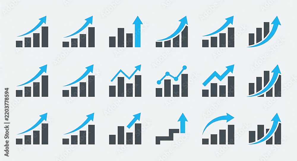 Obraz premium Collection of vector bar graphs with upward trending arrows illustrates financial growth and market analysis statistics progress charts indicators business