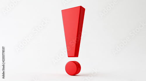 A shiny red exclamation mark stands isolated on white background. Perfect concept for warning signs and safety alerts.