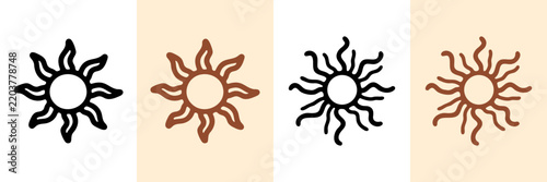 Sun Symbols Hand Drawn Doodle Icon Set. Stylized Sun Icons Representing Sunlight Warmth And Daytime Sketch Symbol Collection. Weather And Summer Theme Design. Isolated Vector Illustration