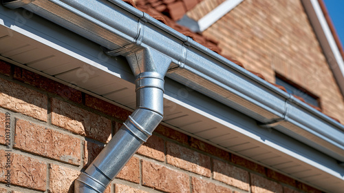 Metal gutter system on a brick house roof for rainwater drainage. Home exterior protection concept.