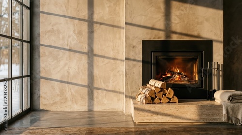 Modern fireplace with birch logs, symbolizing modern innovation and digital transformation in corporate industry