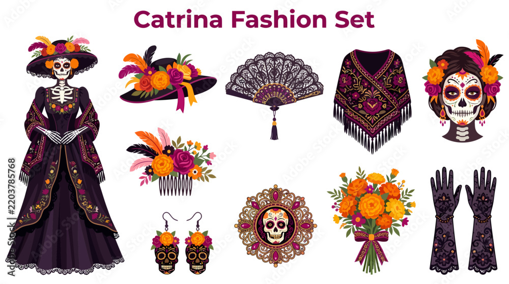 Fototapeta premium Set of La Catrina fashion accessories and clothing for Day of the Dead celebration.