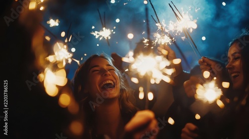 Joyful Friends Celebrating with Sparklers at Night