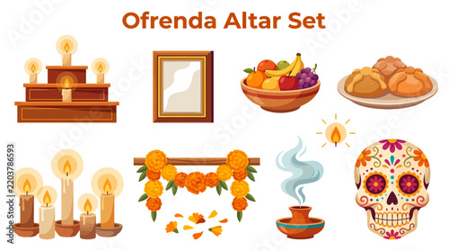Obraz na plátně Set of traditional elements for a Mexican Day of the Dead Ofrenda altar