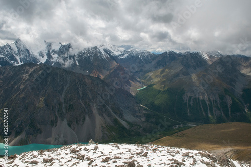 Landscape view of Altai wilderness seen from the peak of the Pyramid mountain, the Altai Republic, Russia