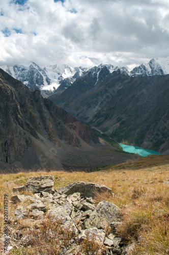 Picturesque Altai mountains and hills with the Lower Shavlinskoye lake in the background, Russia, the Altai Republic