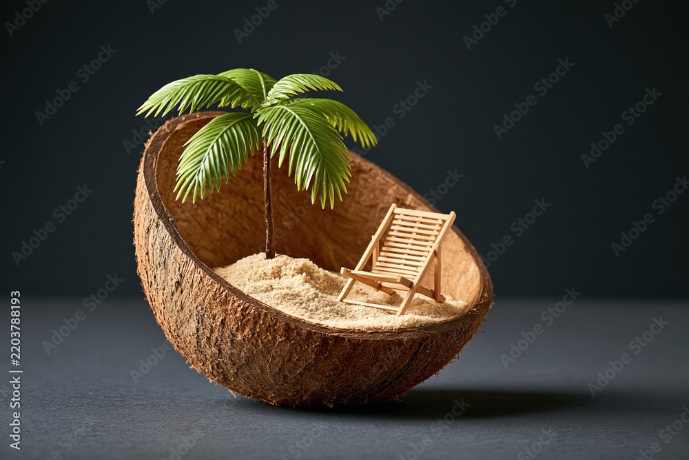 Obraz premium Miniature beach scene inside a coconut shell with