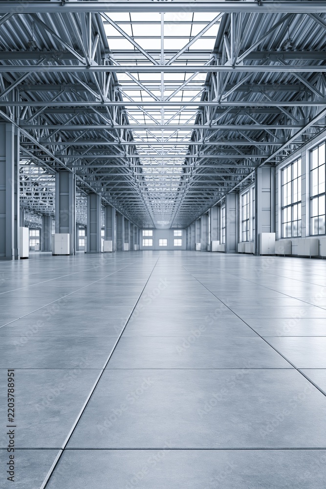 Obraz premium Spacious modern warehouse interior with steel trusses and