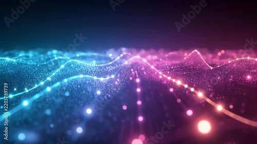Abstract Digital Wave Data Visualization, Glowing Particle Network Mesh in Blue and Pink Light
