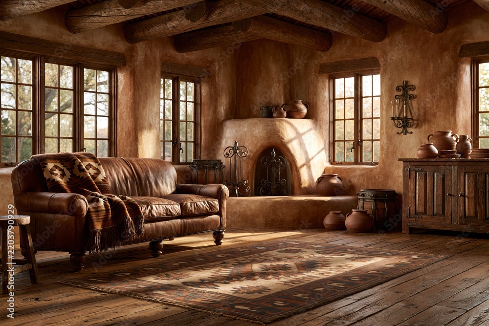 Fototapeta premium rustic living room interior with adobe fireplace
