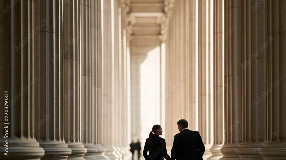 Fototapeta premium Couple walking through grand colonnade corridor