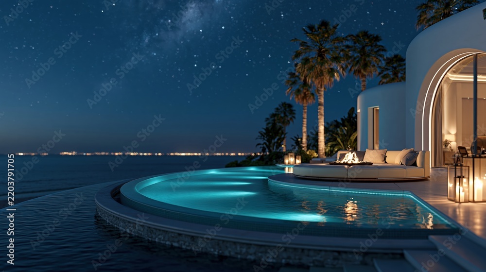 Fototapeta premium Luxury villa infinity pool under starry night sky