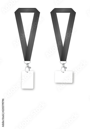 Badges Lanyard design. Identification card with ribbon. Metal closure and card with plastic. Accreditation for events congresses and companies. Vector
