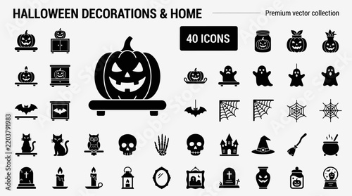 Halloween decorations and home icons set featuring jack-o'-lanterns, ghosts, bats, and spooky symbols for festive