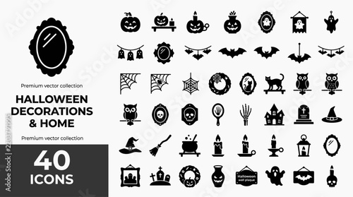 Halloween decorations and home icons set of 40 spooky black and white vector illustrations for greeting cards, banners