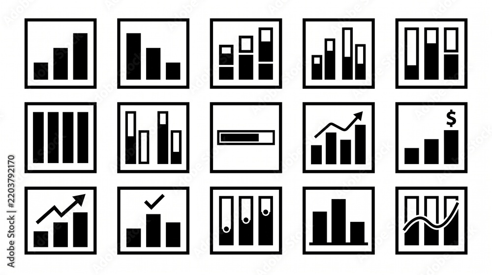 Fototapeta premium Set of Business Vector Icons with Bar Charts, Buildings, Bookshelves, Technology, Graphs, Batteries and Web Symbols for Infographics and Design