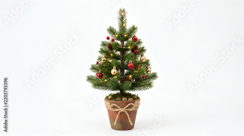 Small artificial Christmas tree in a terracotta pot with ornaments and lights on white background