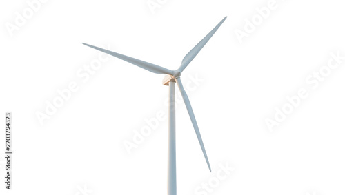 Modern white wind turbine with three blades, isolated on transparent background