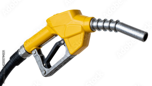 Yellow gas pump nozzle with metal spout and black hose, isolated on transparent background