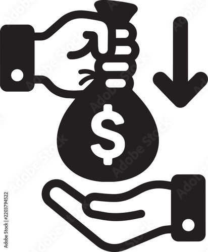 Art & Illustration, Money transfer hands holding cash bag icon vector